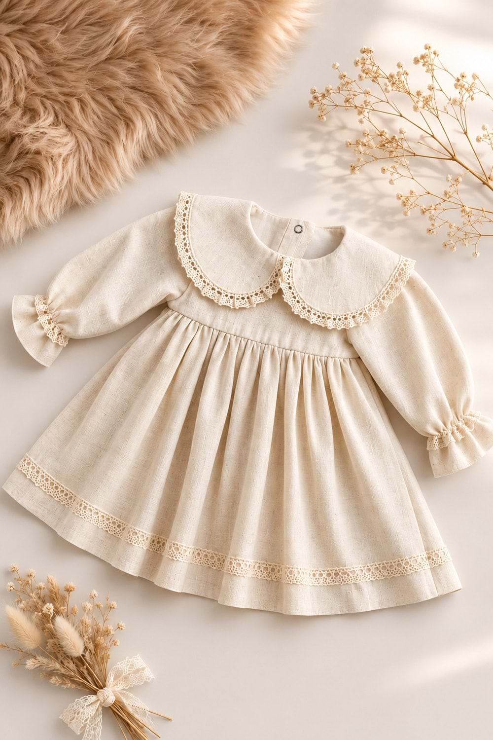 Kız Bebek %100 Pamuk Bebe Yaka Uzun Kollu Müslin Elbise M00851