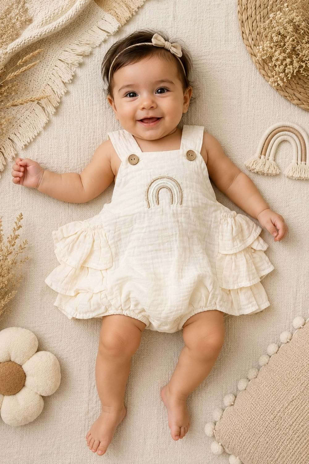 Gökkuşağı Detaylı %100 Pamuk Müslin Bebek Tulum M00852