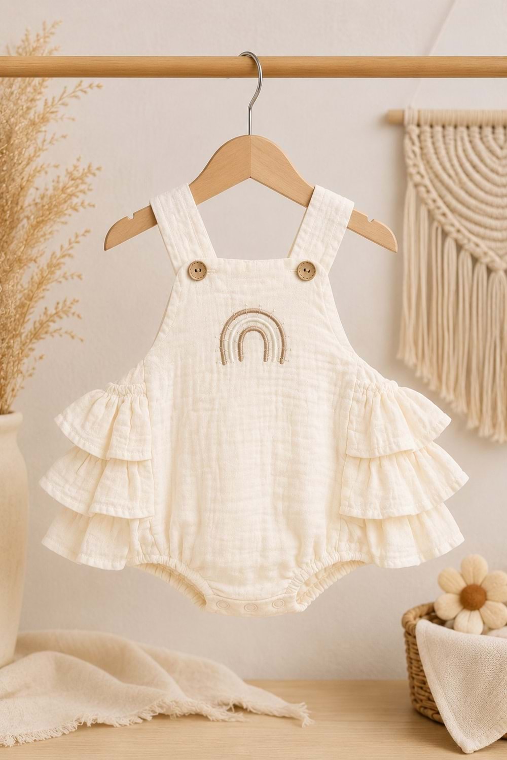Gökkuşağı Detaylı %100 Pamuk Müslin Bebek Tulum M00852