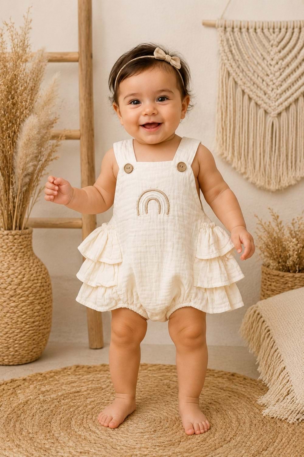 Gökkuşağı Detaylı %100 Pamuk Müslin Bebek Tulum M00852