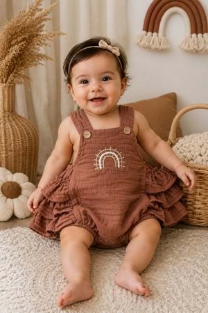 Gökkuşağı Detaylı %100 Pamuk Müslin Bebek Tulum M00852
