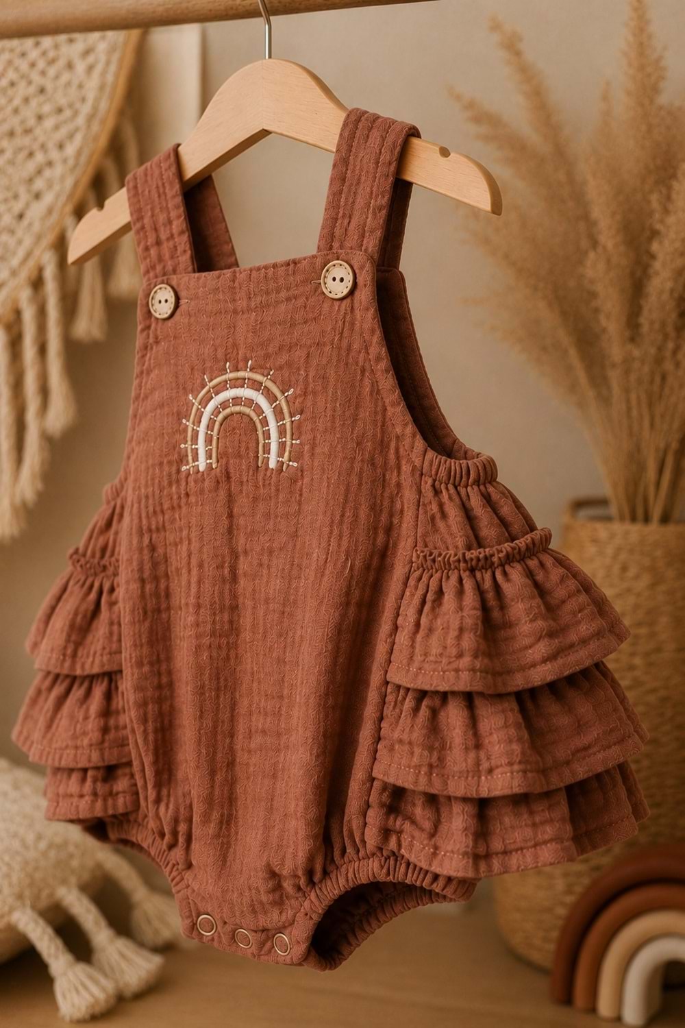 Gökkuşağı Detaylı %100 Pamuk Müslin Bebek Tulum M00852