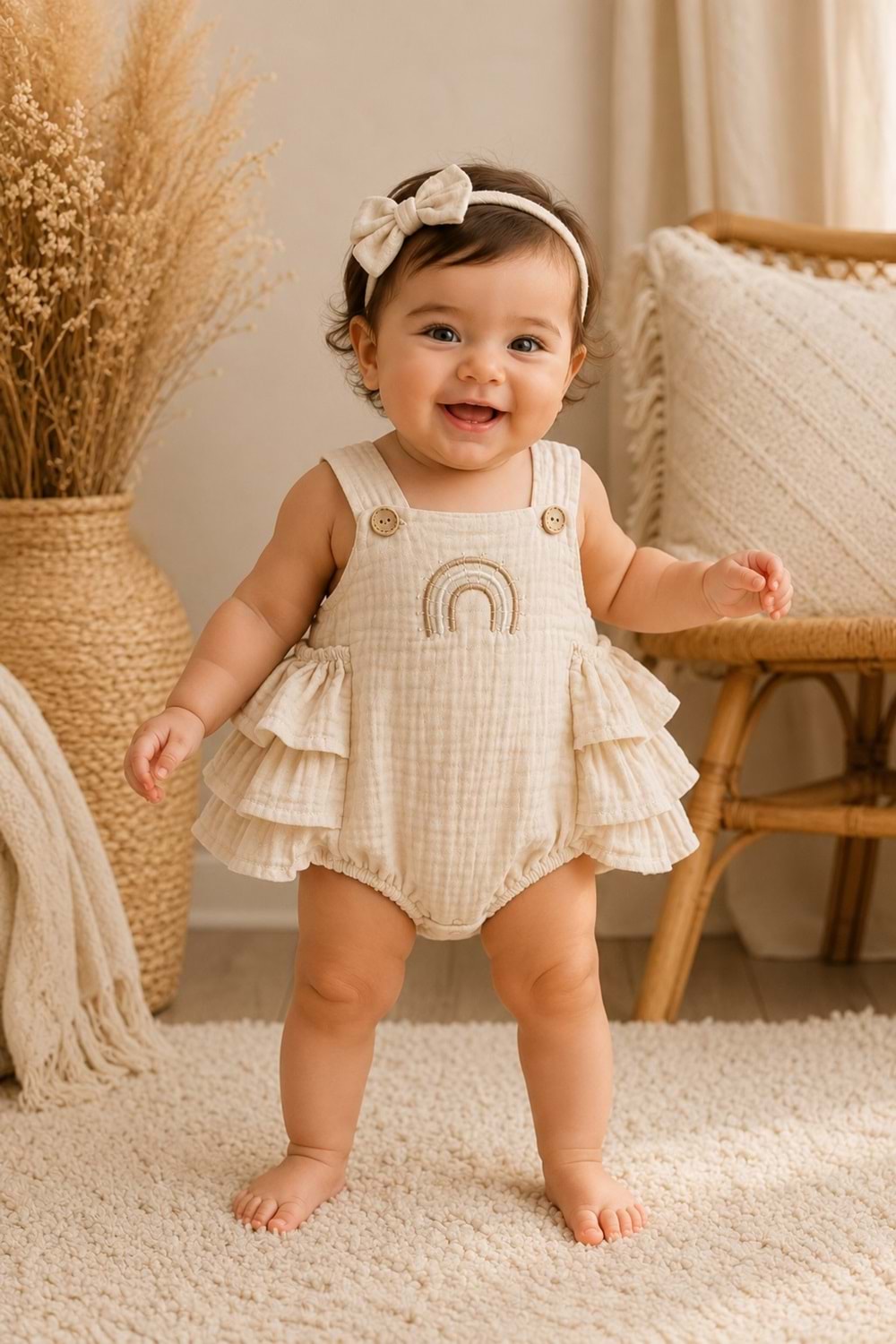 Gökkuşağı Detaylı %100 Pamuk Müslin Bebek Tulum M00852