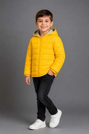 Erkek Çocuk Kapüşonlu İçi Polarlı Fermuarlı Şişme Mont M00858
