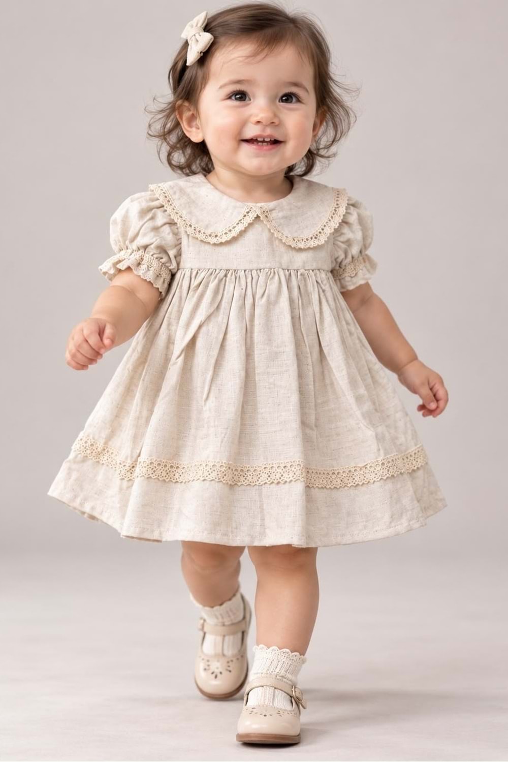 Kız Bebek %100 Pamuk Bebe Yaka Kısa Kollu Müslin Elbise M00864