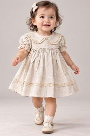 Kız Bebek %100 Pamuk Bebe Yaka Kısa Kollu Müslin Elbise M00864