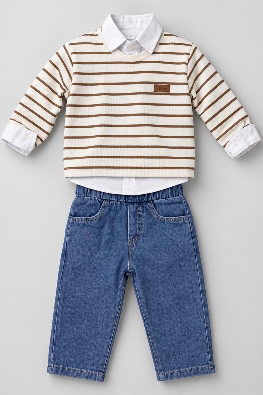 Erkek Çocuk Çizgili Süeterli, Gömlekli, Jeans Pantolonlu 3 Parça Takım M00870