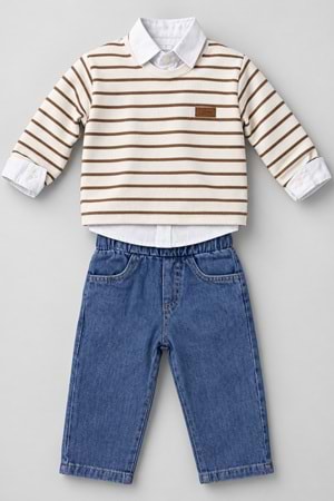 Erkek Çocuk Çizgili Süeterli, Gömlekli, Jeans Pantolonlu 3 Parça Takım M00870
