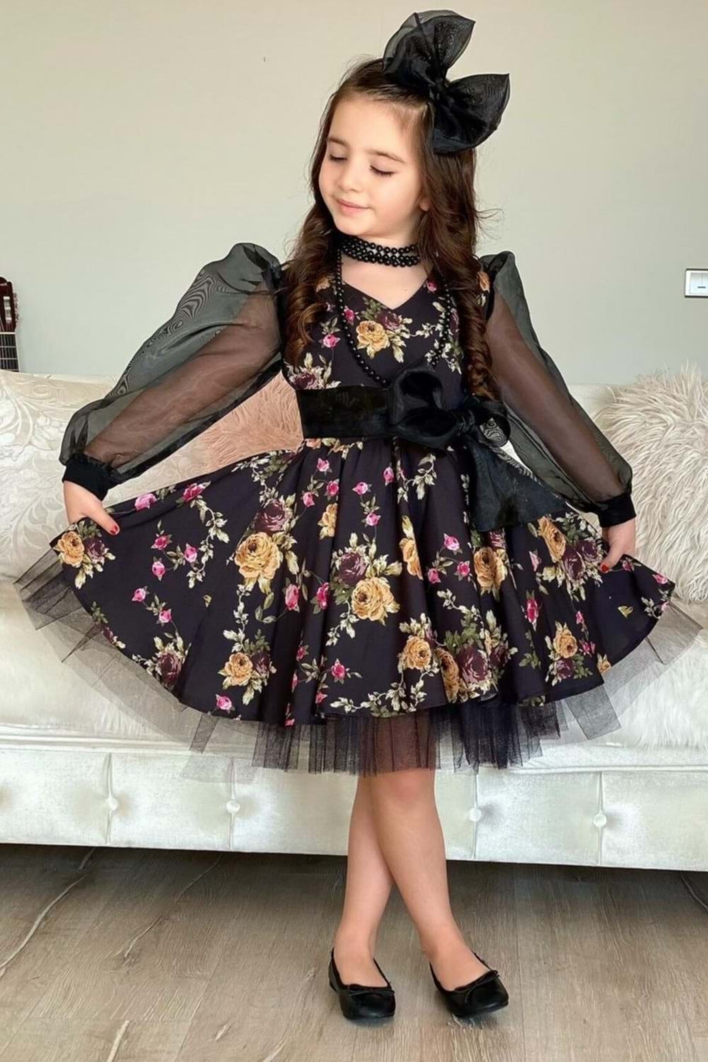 Kız Çocuk Organze Kol Tütülü Elbise MNK0187