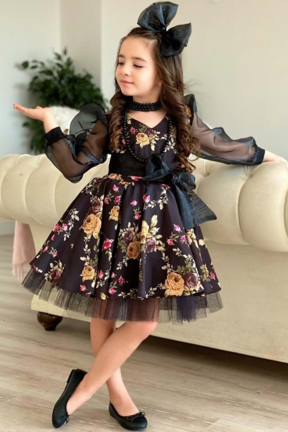 Kız Çocuk Organze Kol Tütülü Elbise MNK0187