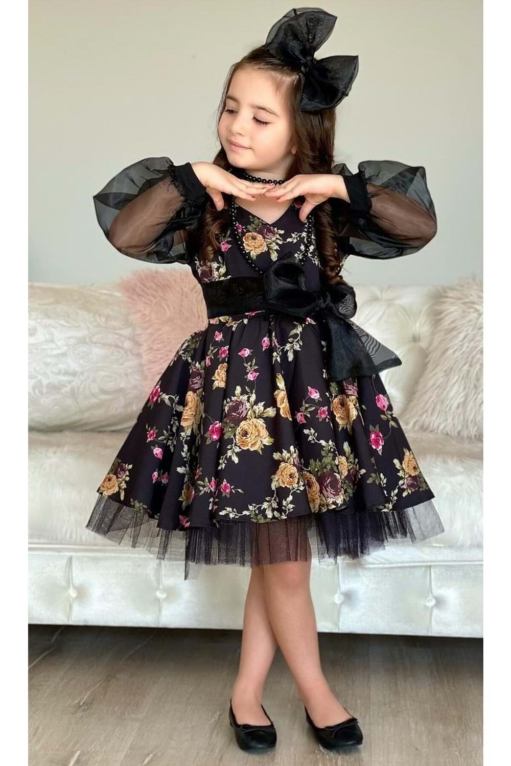 Kız Çocuk Organze Kol Tütülü Elbise MNK0187