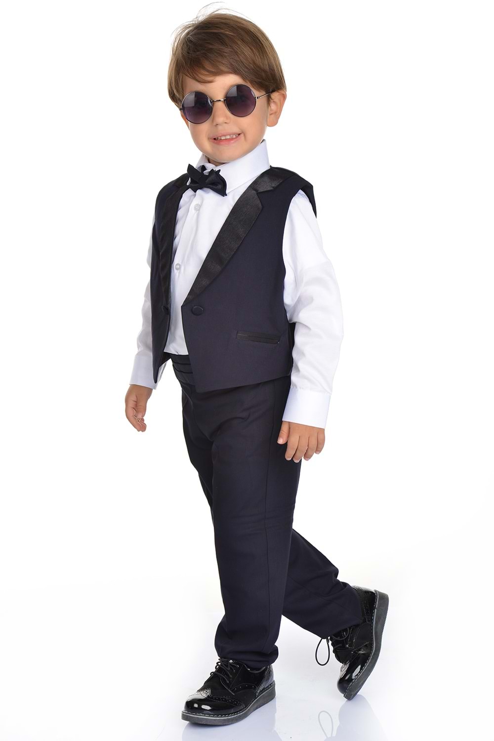 Saten Yaka Kuşaklı Yelekli Erkek Çocuk Takım