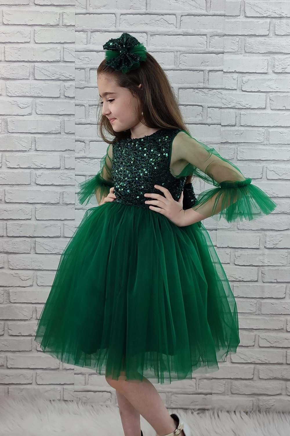 Pul Payet Tüllü Kız Çocuk Elbise