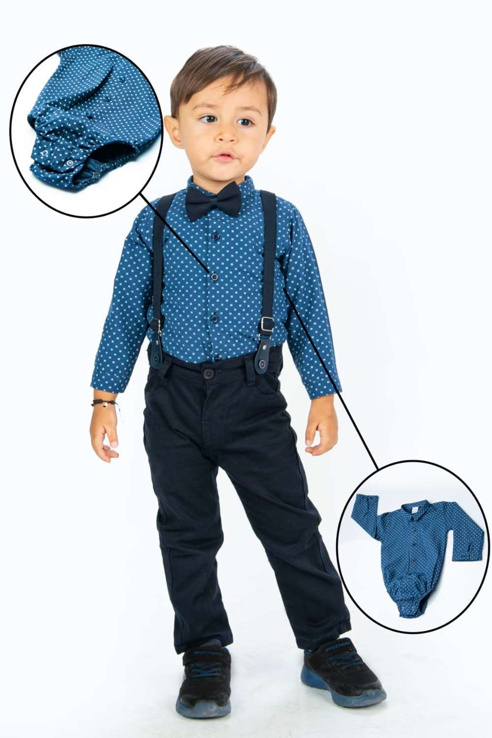 Gömlekli Alttan Çıtçıtlı Gabardin Pantolonlu Pamuklu Bebek Takım