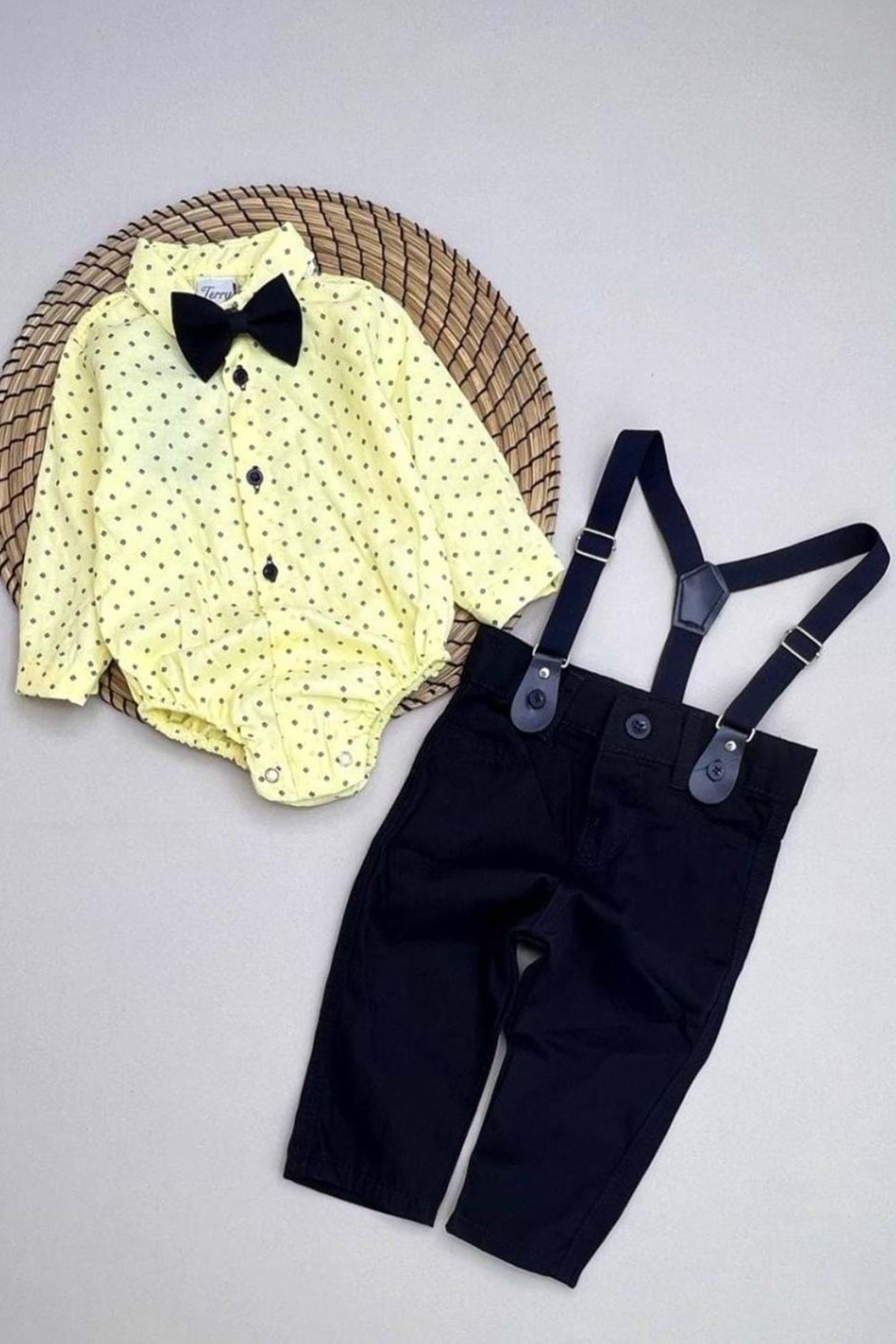Gömlekli Alttan Çıtçıtlı Gabardin Pantolonlu Pamuklu Bebek Takım