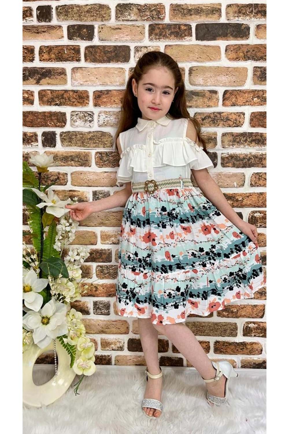 Çiçekli Viskon Gömlek Yaka Yazlık Kız Çocuk Elbise