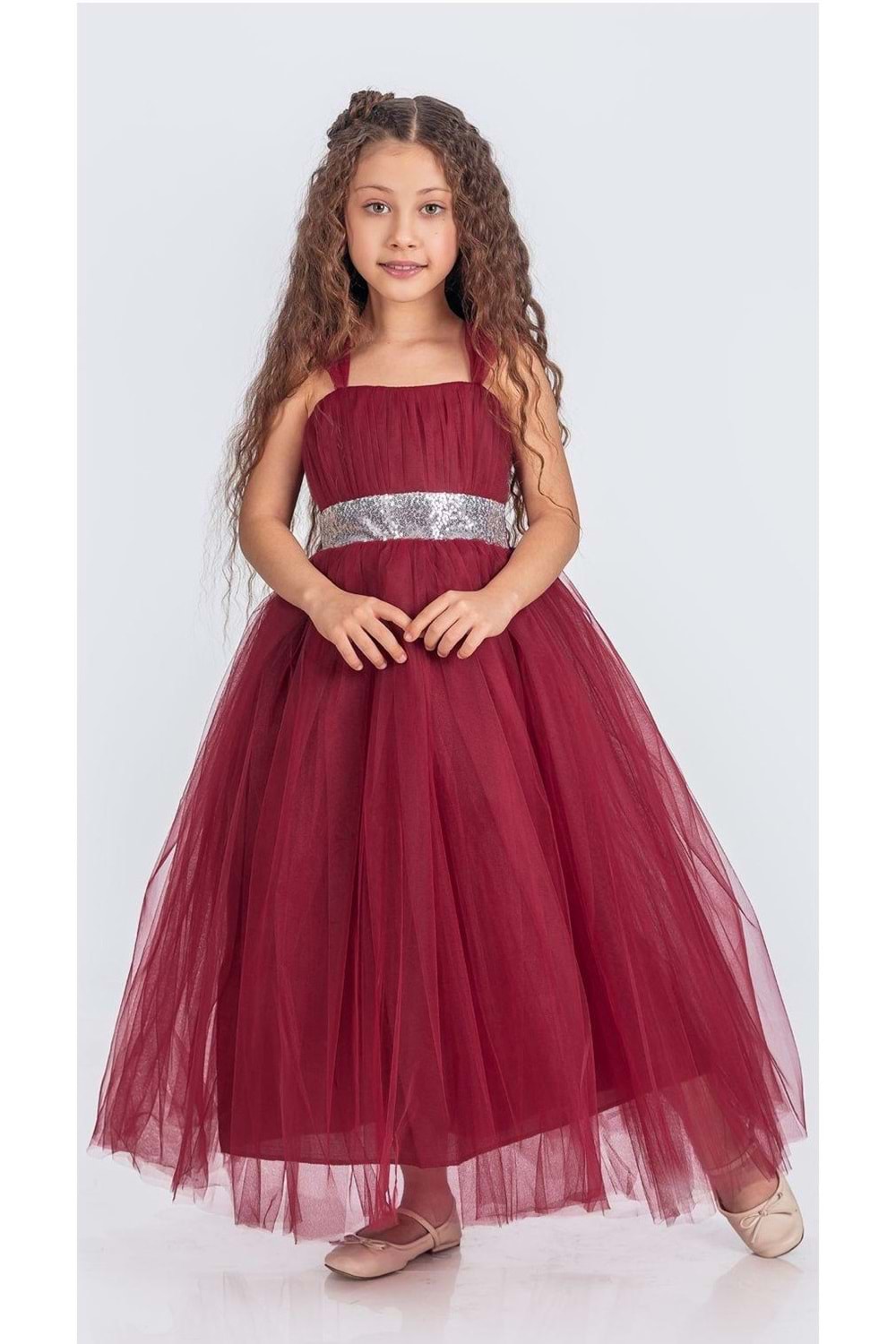 Sırt Gipeli Tütü Etek Kız Çocuk Saten Parti Abiye Elbise MNK0340