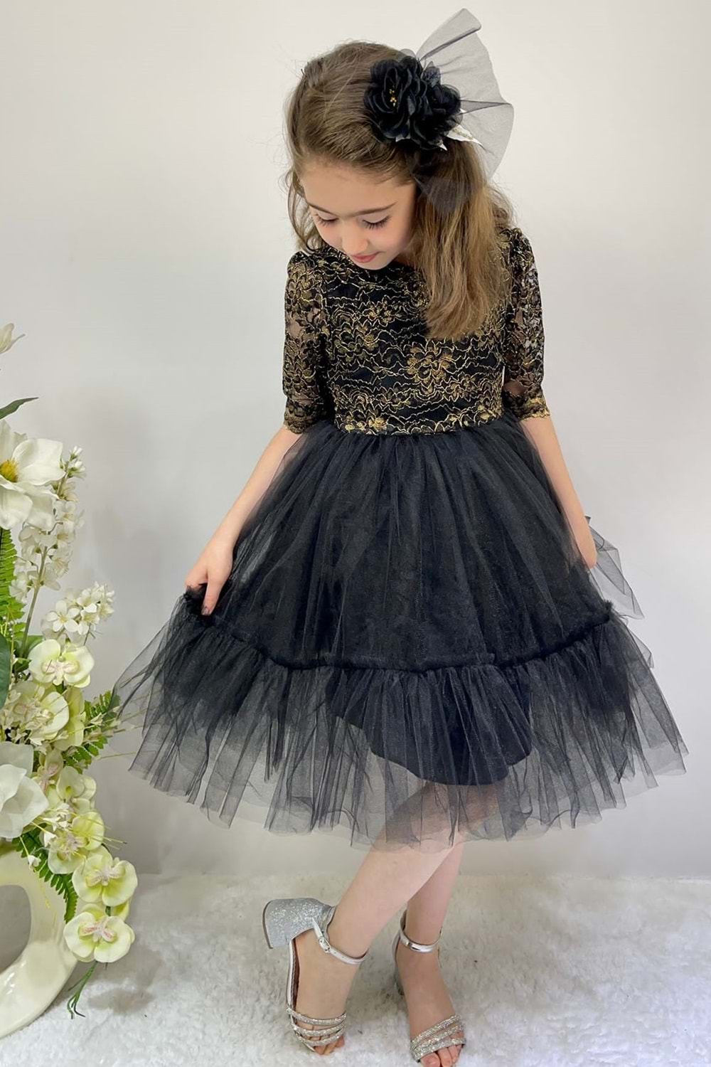 Kordone Dantel Sırt Fermuarlı Kız Çocuk Tütülü Abiye