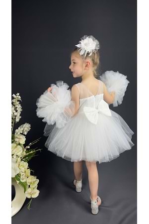 Şifon Robalı Ponpon Kol Pul Payetli Kız Çocuk Kabarık Etek Tütülü Abiye