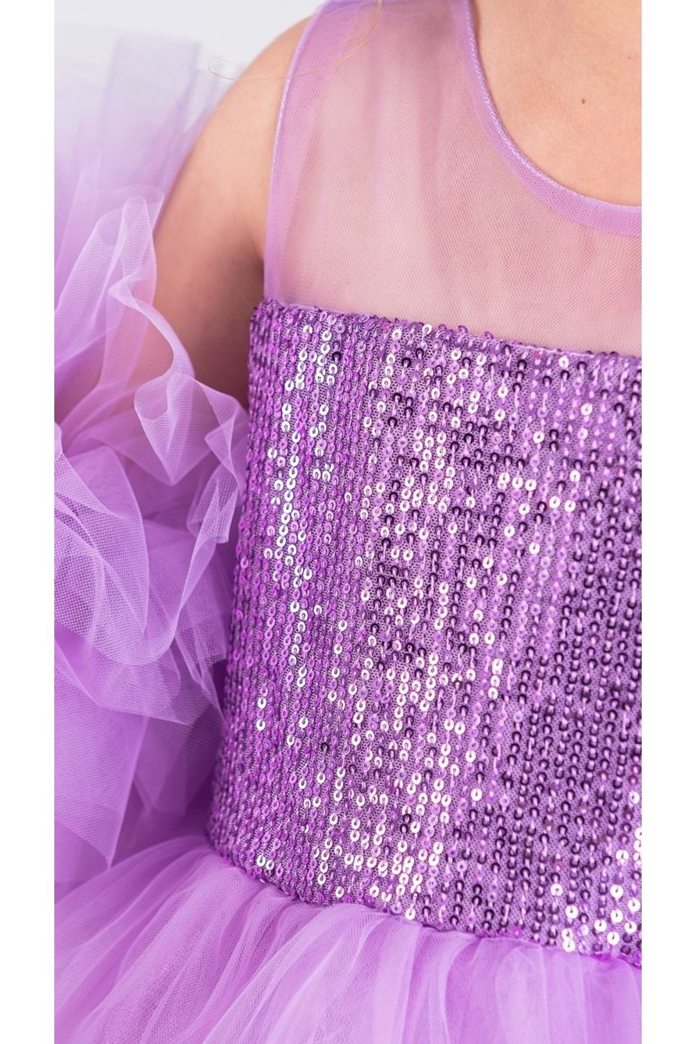 Şifon Robalı Ponpon Kol Pul Payetli Kız Çocuk Kabarık Etek Tütülü Abiye