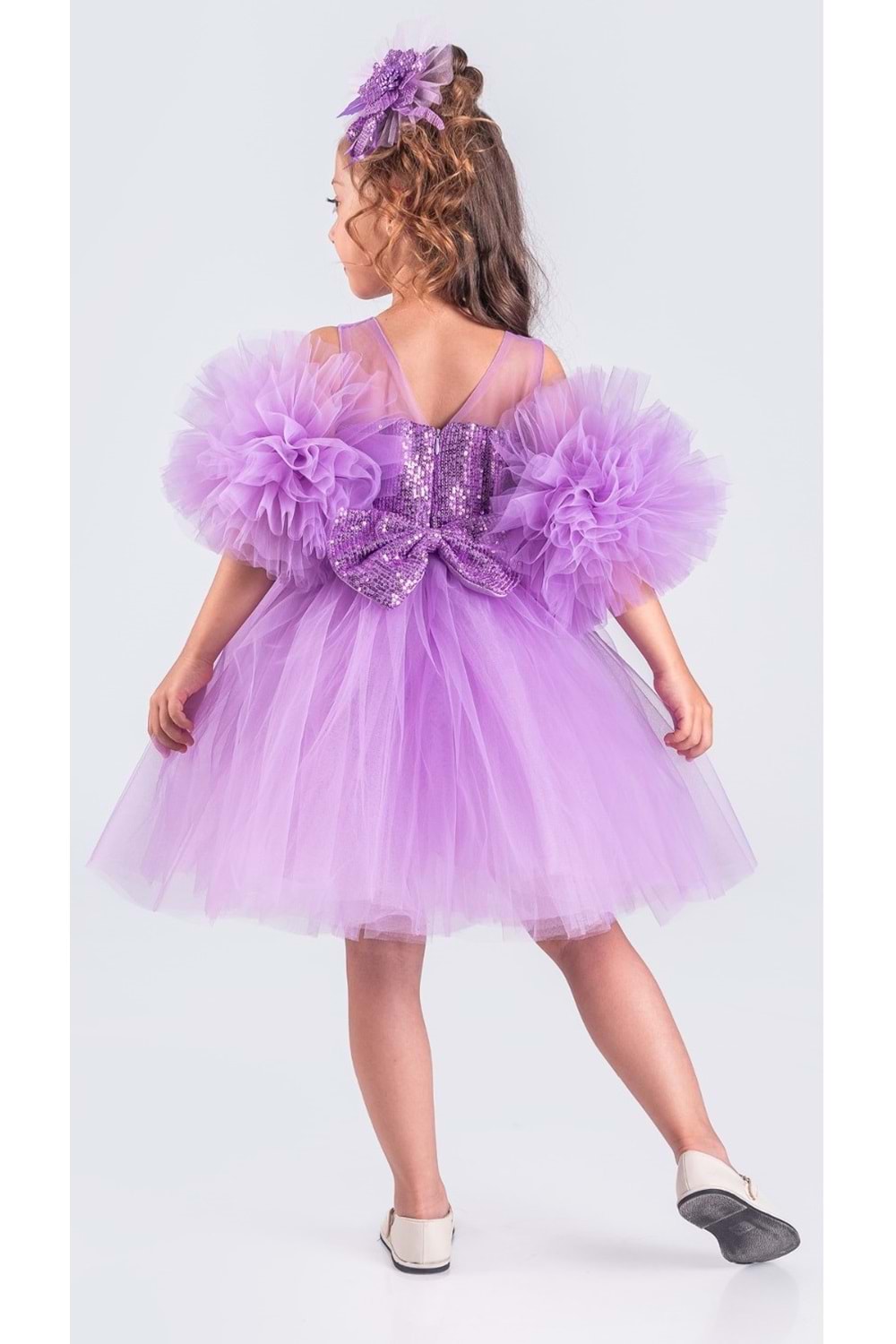 Şifon Robalı Ponpon Kol Pul Payetli Kız Çocuk Kabarık Etek Tütülü Abiye