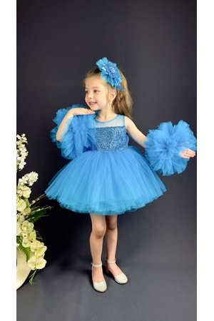 Şifon Robalı Ponpon Kol Pul Payetli Kız Çocuk Kabarık Etek Tütülü Abiye