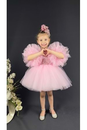 Şifon Robalı Ponpon Kol Pul Payetli Kız Çocuk Kabarık Etek Tütülü Abiye MNK0378