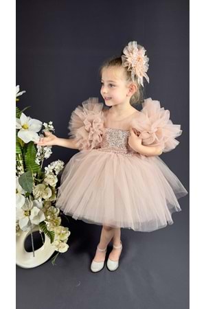 Şifon Robalı Ponpon Kol Pul Payetli Kız Çocuk Kabarık Etek Tütülü Abiye