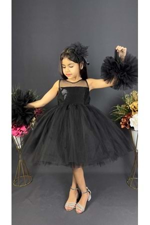 Şifon Robalı Ponpon Kol Pul Payetli Kız Çocuk Kabarık Etek Tütülü Abiye