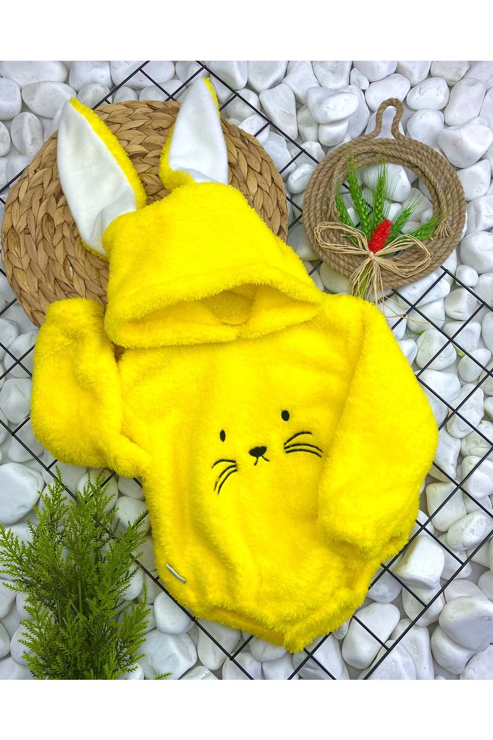 Kız Ve Erkek Çocuk İçin Kapüşonlu Bebek Peluş Çıtçıtlı Body MNK0410