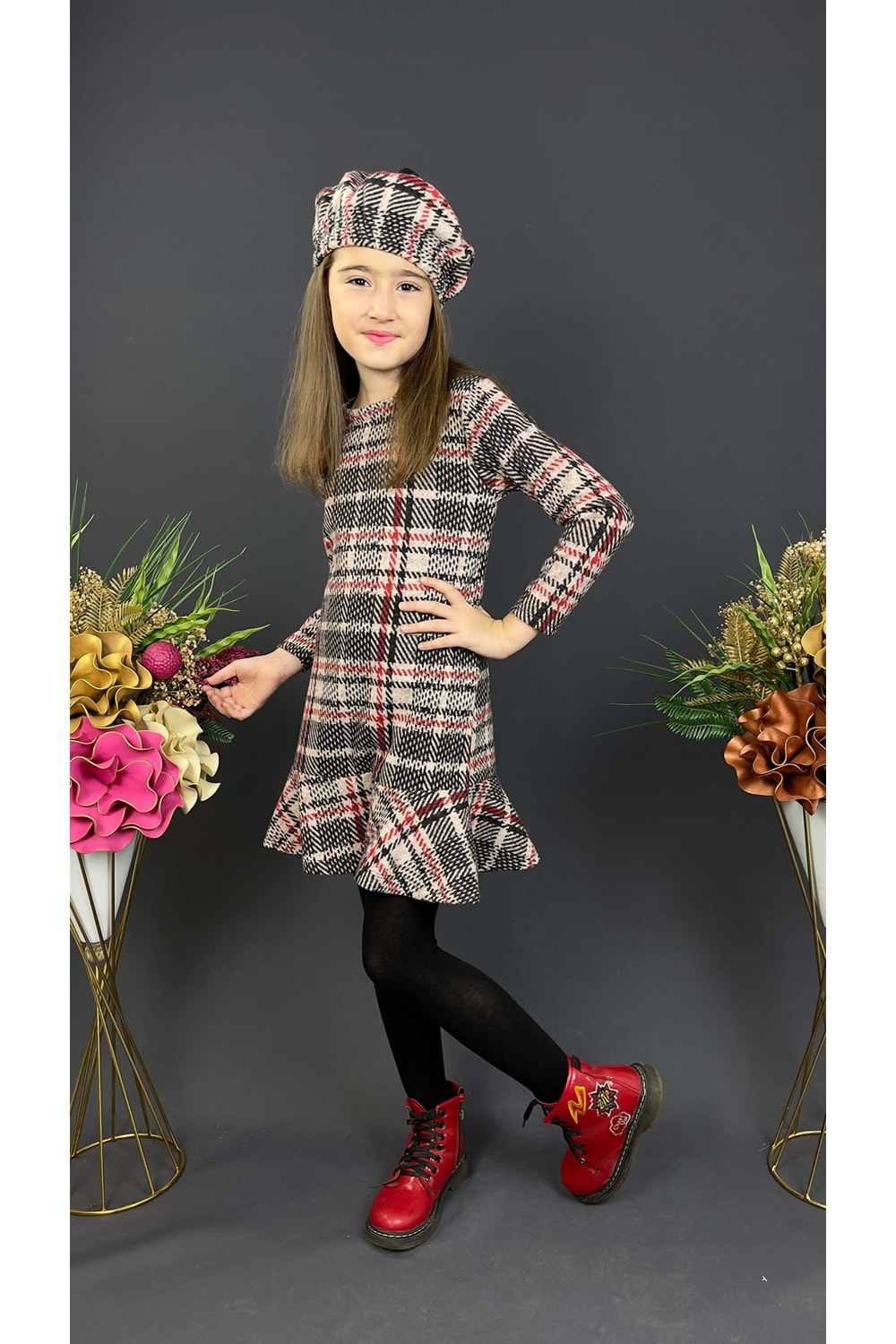 Kız Çocuk Şapkalı Kışlık Uzun Kol Elbise MNK0412