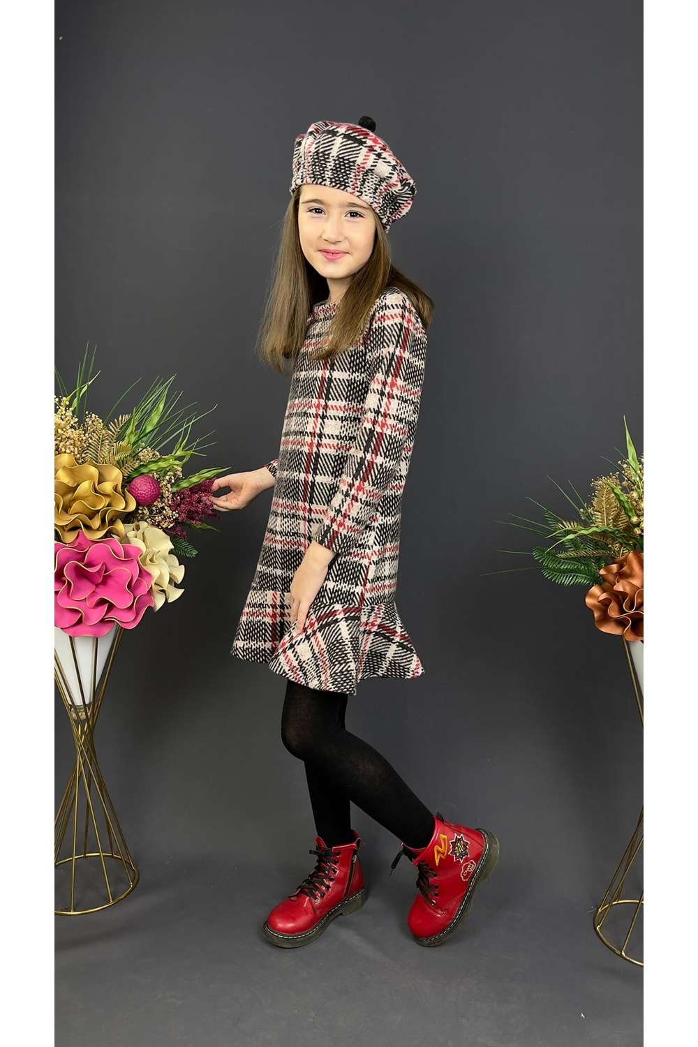 Kız Çocuk Şapkalı Kışlık Uzun Kol Elbise MNK0412