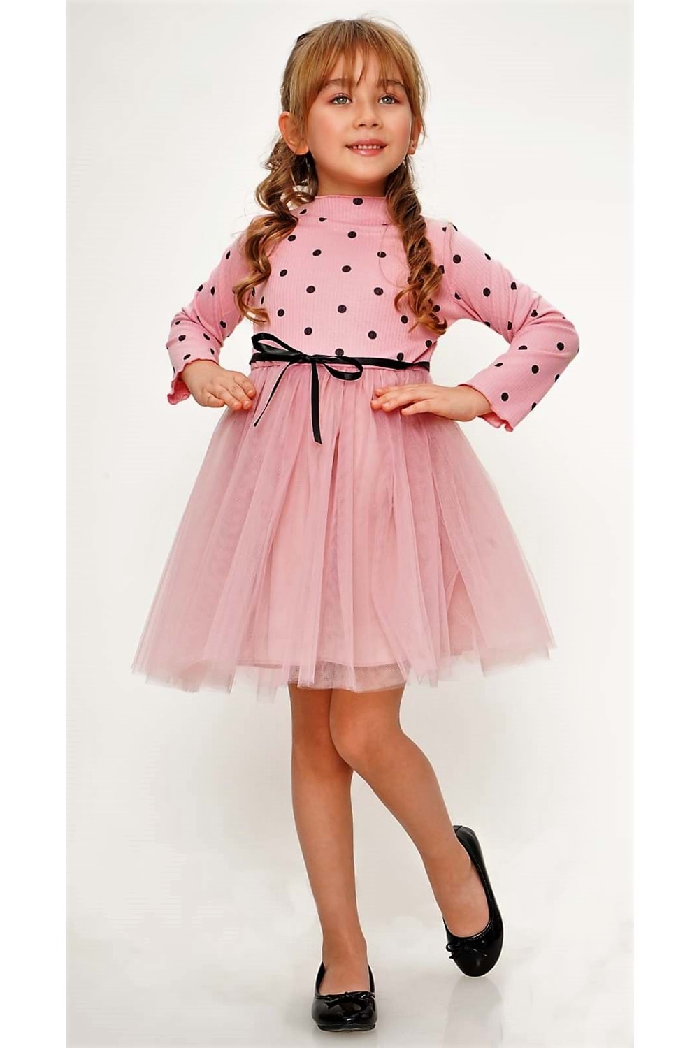 Kız Puantiyeli Tütülü Günlük Elbise MNK0416