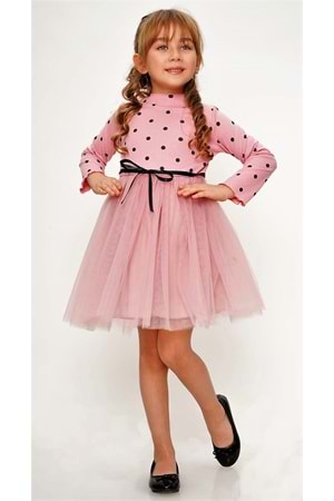 Kız Puantiyeli Tütülü Günlük Elbise MNK0416