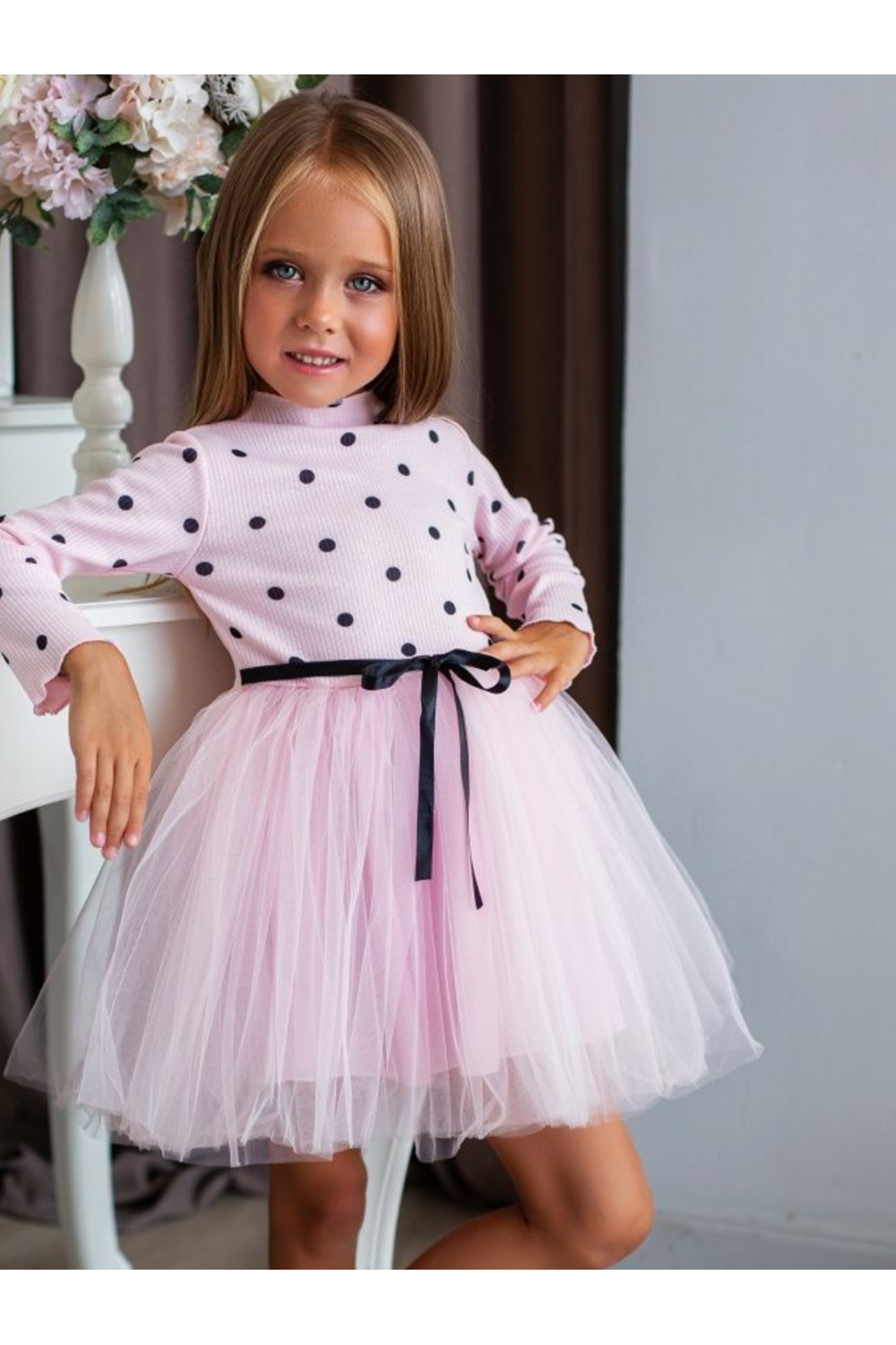 Kız Puantiyeli Tütülü Günlük Elbise MNK0416