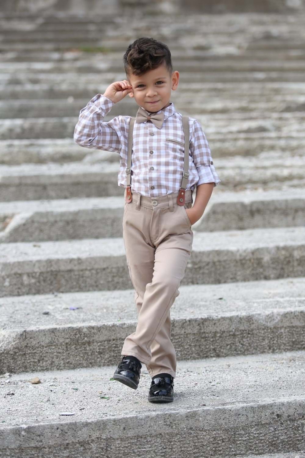 Ekose Desen Gabardin Pantolon Askılı Çocuk Takım MNK0436