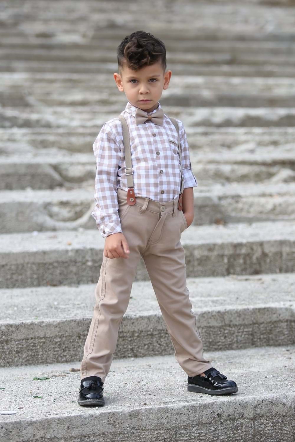 Ekose Desen Gabardin Pantolon Askılı Çocuk Takım MNK0436