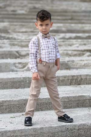 Ekose Desen Gabardin Pantolon Askılı Çocuk Takım MNK0436