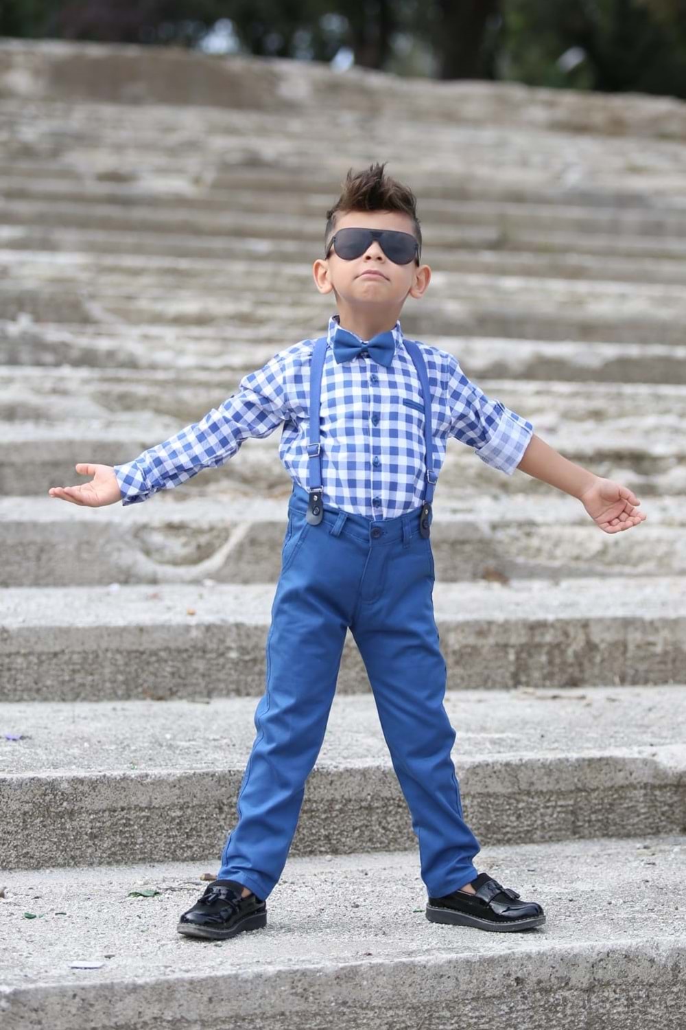 Ekose Desen Gabardin Pantolon Askılı Çocuk Takım MNK0436