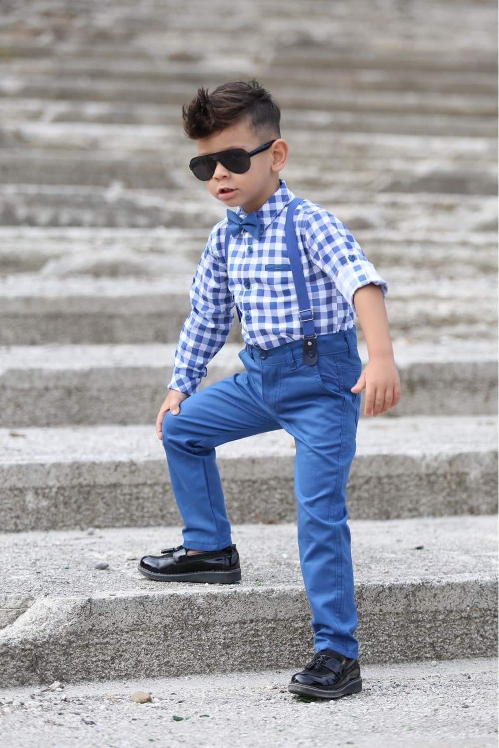 Ekose Desen Gabardin Pantolon Askılı Çocuk Takım MNK0436