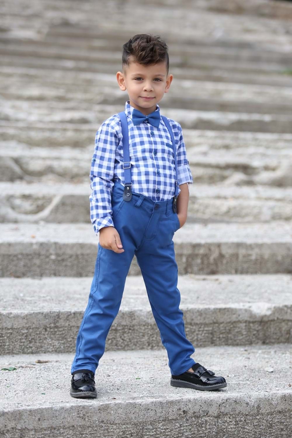 Ekose Desen Gabardin Pantolon Askılı Çocuk Takım MNK0436