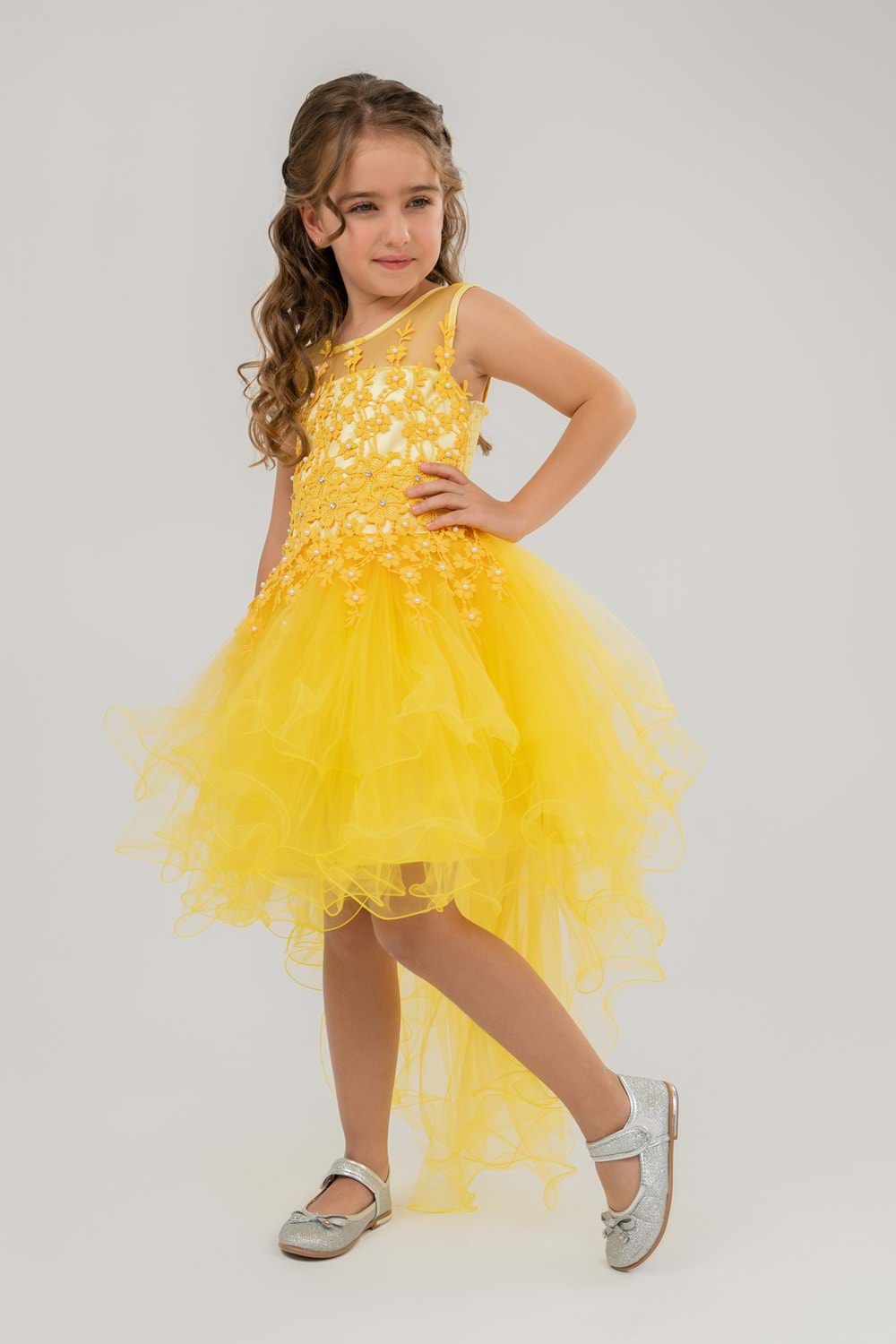 Güpür Model Kuyruklu Gelinlik Çocuk Kolsuz Abiye MNK0470