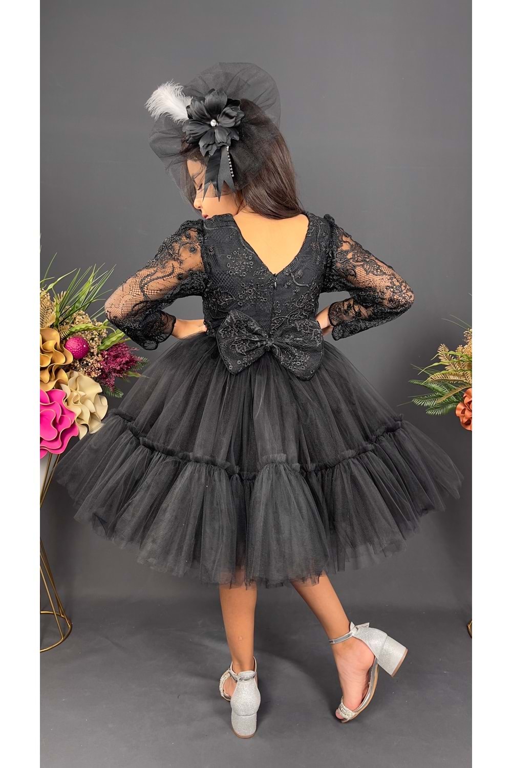 Uzun Kol Güpürlü Tokalı Vintage Abiye Elbise MNK0472