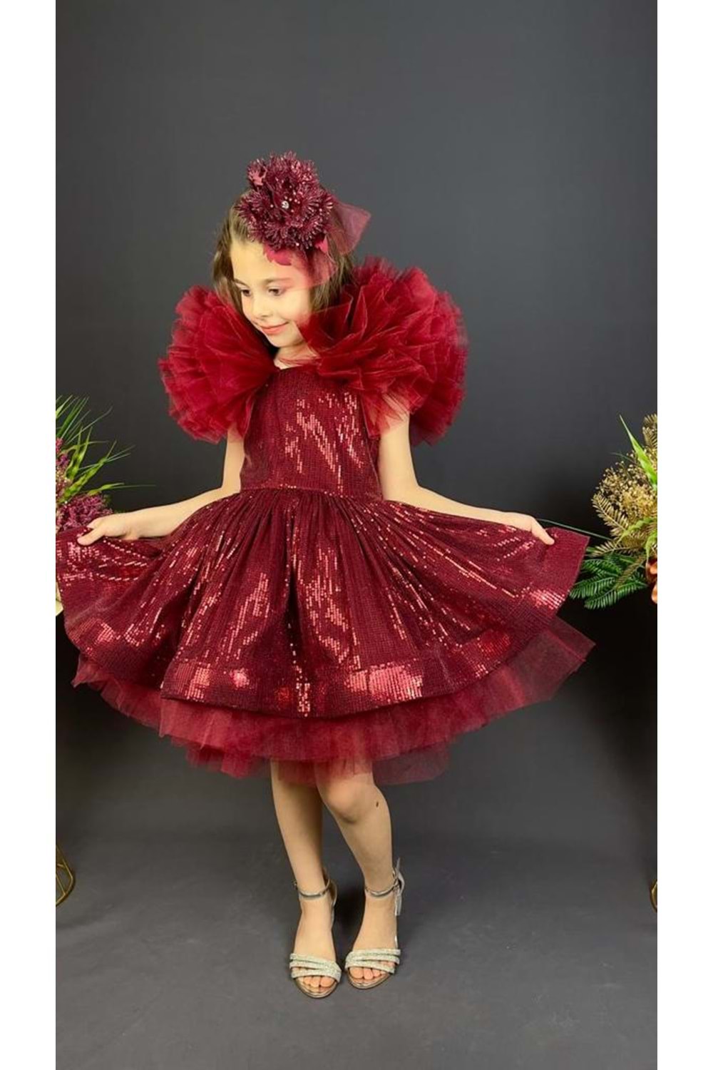 Tavus Kol Payetli Kumaş Kız Çocuk Elbise MNK0537