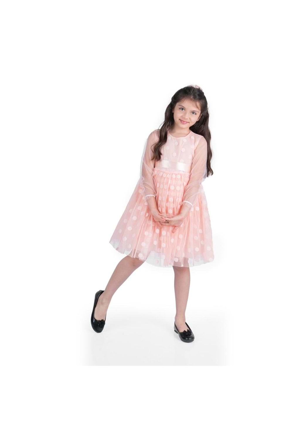 Prenses İri Puanlı Tokalı Dantel Kumaş Kız Çocuk Elbise MNK0547