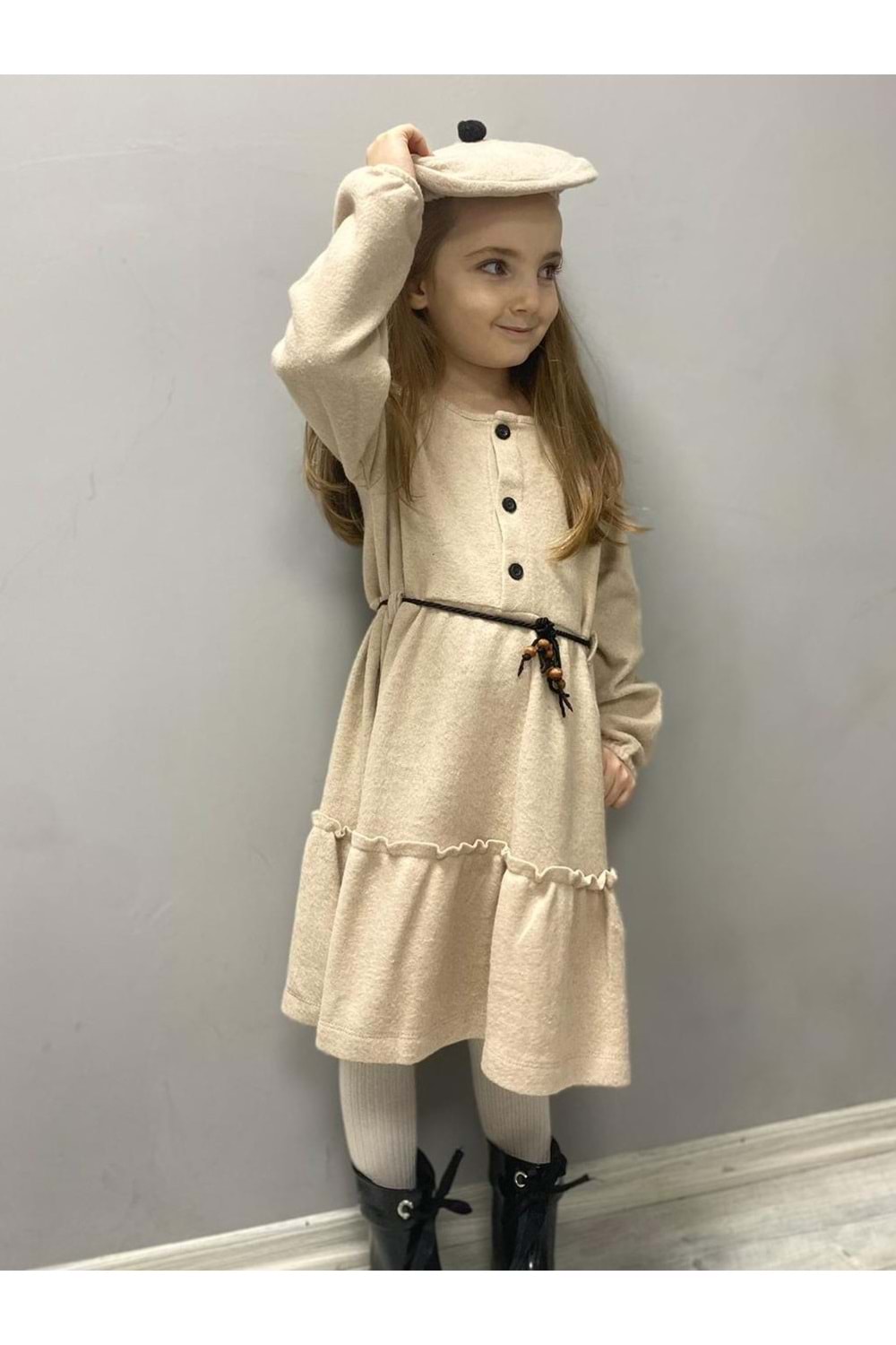 Kaşe Kumaş Şapkalı Kız Çocuk Elbise MNK0559