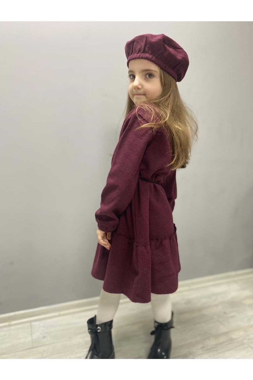 Kaşe Kumaş Şapkalı Kız Çocuk Elbise MNK0559