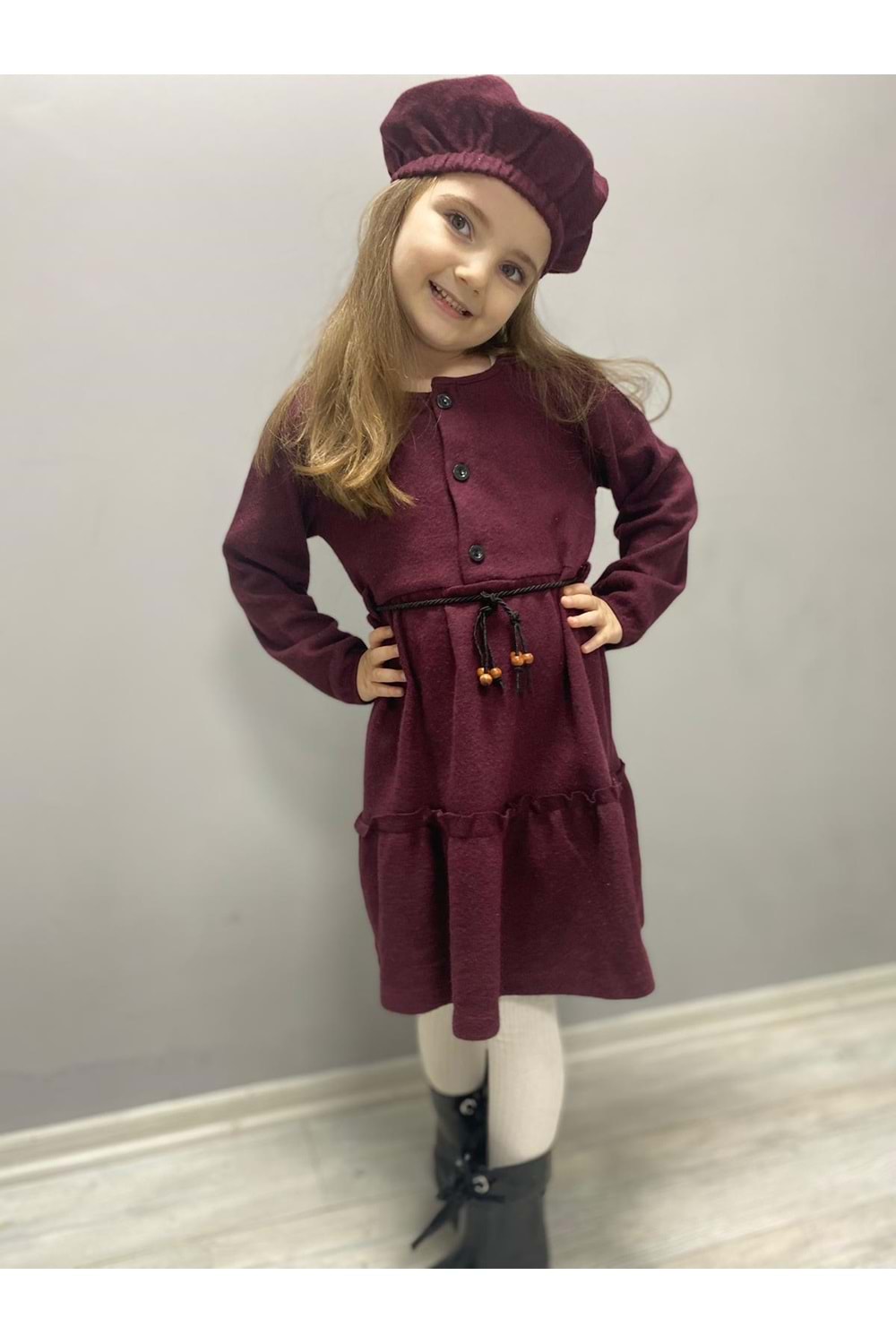 Kaşe Kumaş Şapkalı Kız Çocuk Elbise MNK0559