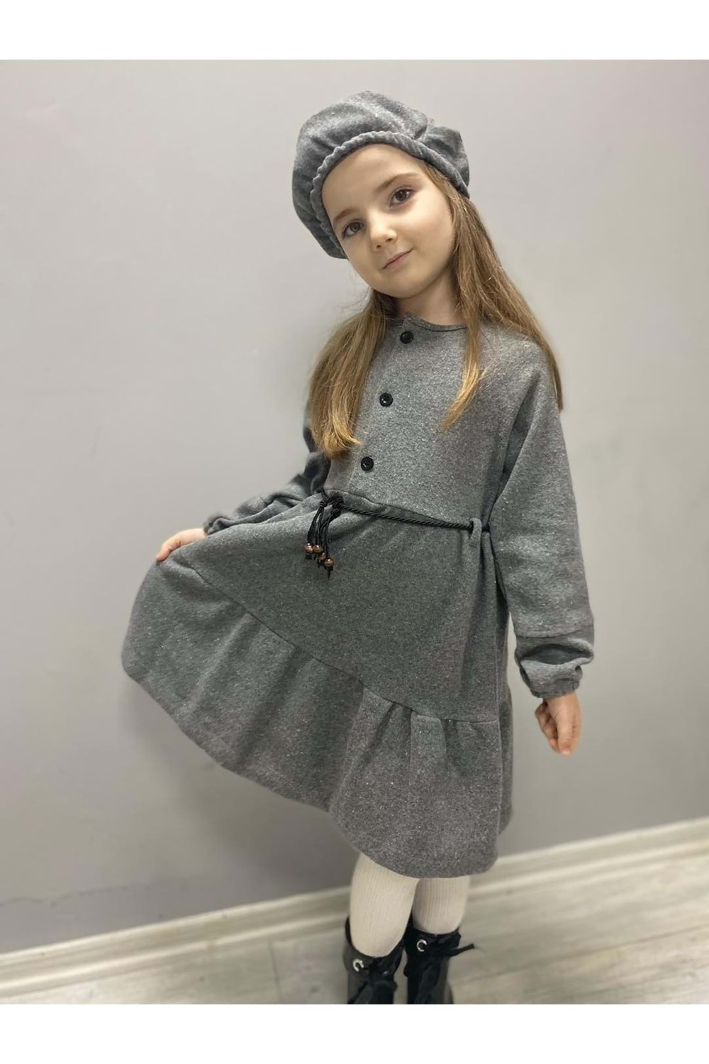 Kaşe Kumaş Şapkalı Kız Çocuk Elbise MNK0559