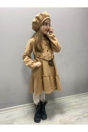 Kaşe Kumaş Şapkalı Kız Çocuk Elbise MNK0559